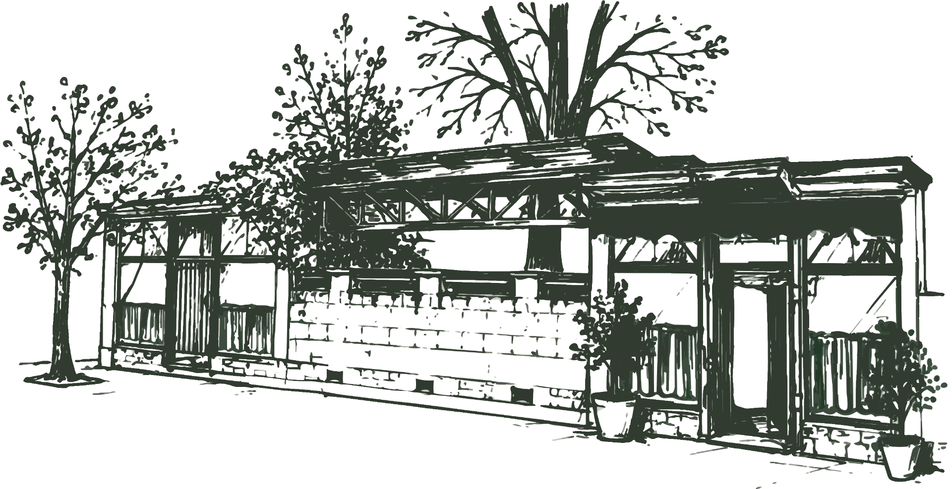 Hand-drawn sketch of the Kontra Pizza garden restaurant